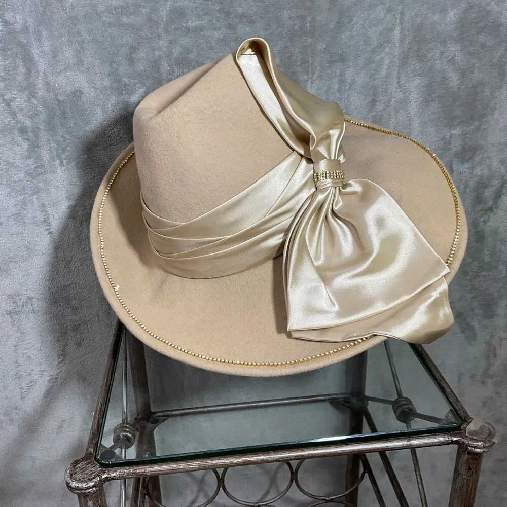 VTG.Michael Howard 100% Wool Wide Brim Hat Rhinestones Satin Ribbon Band Bow OS.